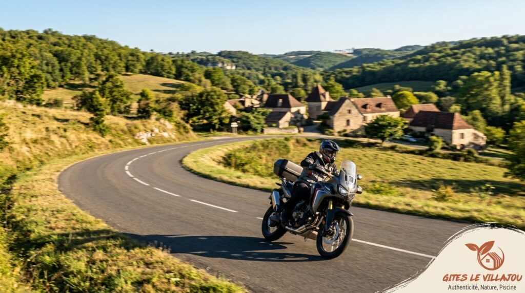 Motard en balade sur une route sinueuse du Quercy proche du relais motard Les Gîtes du Villajou