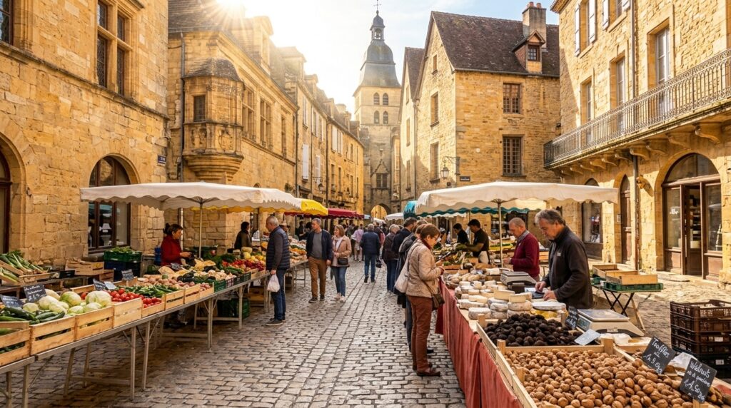 Étalages de produits locaux du terroir au marché traditionnel de Sarlat-la-Canéda en Périgord Noir