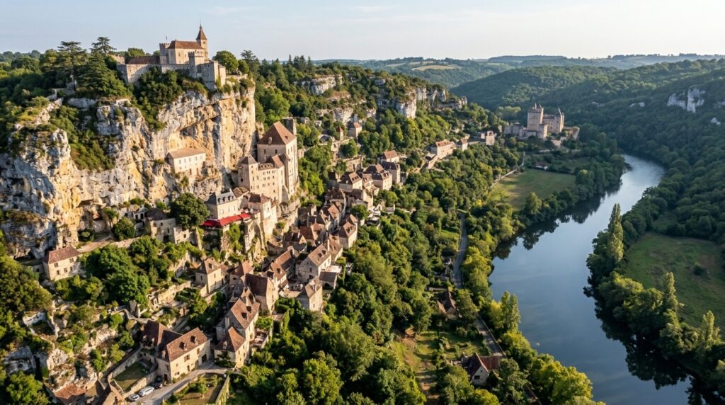 Vue panoramique de la cité médiévale de Rocamadour suspendue à la falaise dans le Lot